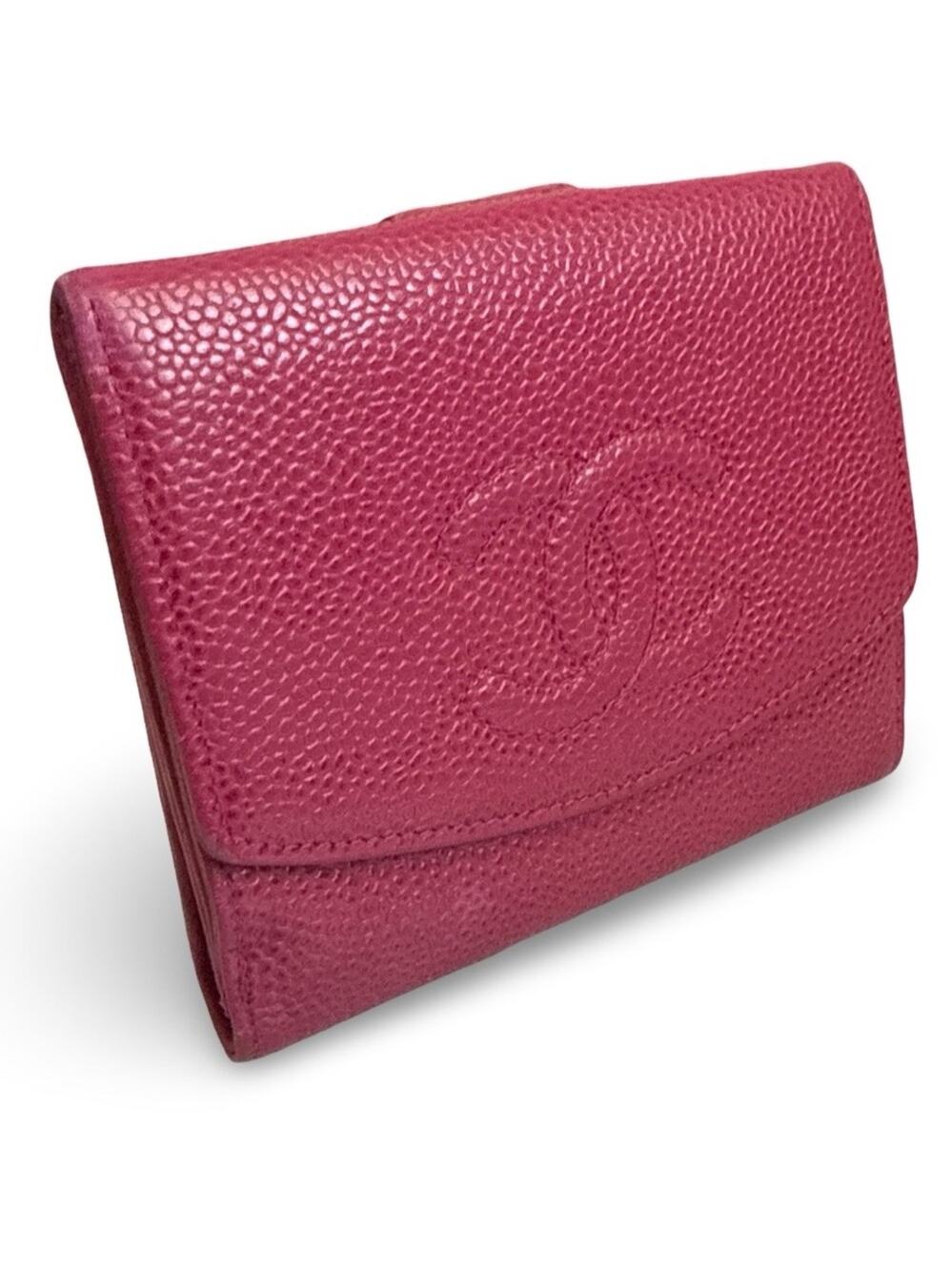 Authentic Chanel Vintage Raspberry Pink Caviar Leather Compact Wallet CC Logo